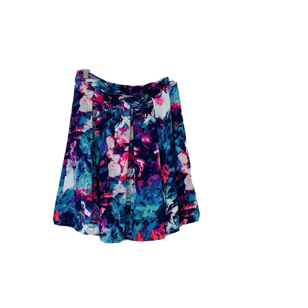 Cynthia Rowley Skater Skirt Small Pink Watercolor Pleats Pockets Colorful